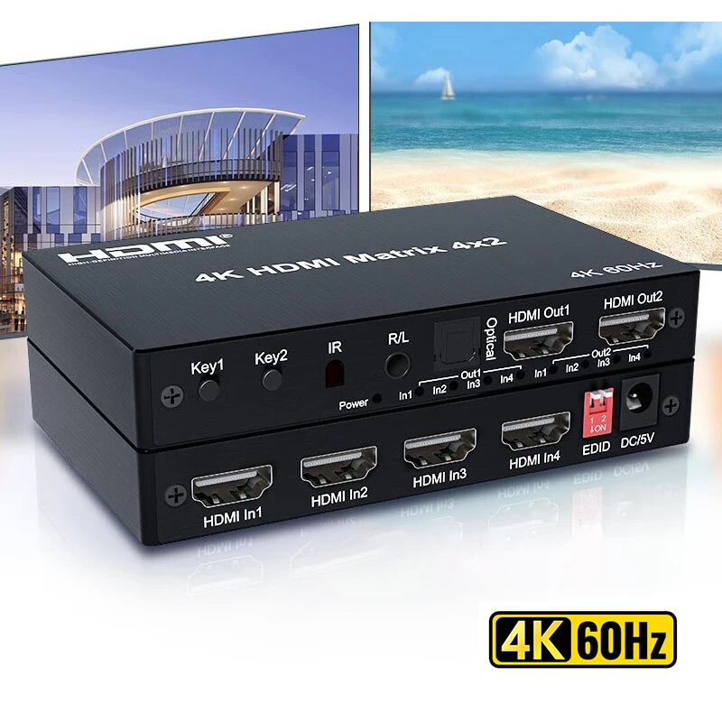 

HDMI Matrix 2x4 4x2 Matrix HDMI Switcher 4 in 2 Out with Optical 3.5mm Audio Out 4K 60Hz 2x2 Switch Splitter for PC HDTV Monitor