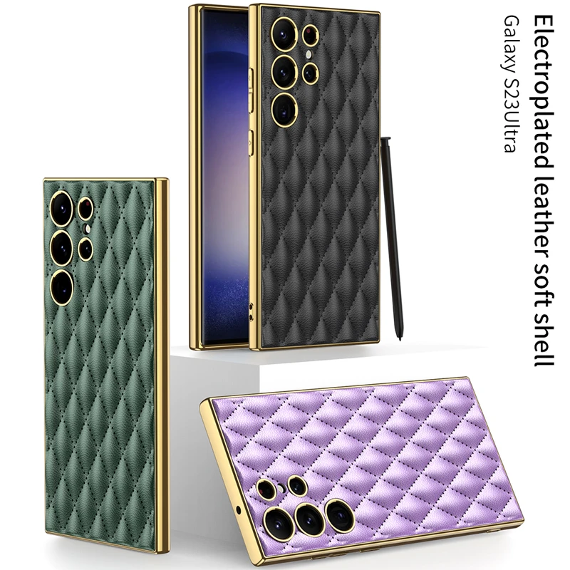 

For Samsung Galaxy S23 Ultra Case 5G Luxury Rhombic Pattern Leather + Electroplating Frame Light Cover for Galaxy S23 Plus GKK