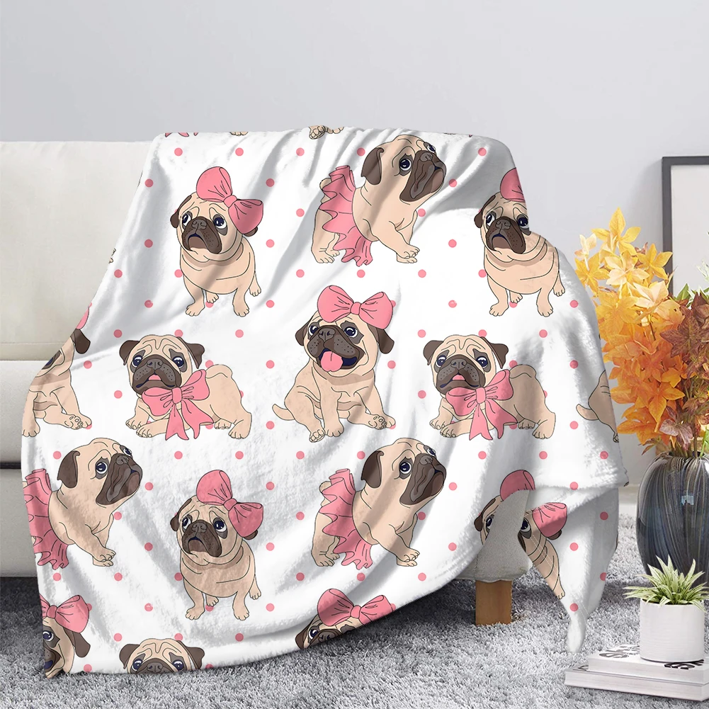 

Kawaii Pug Plush Blanket Cozy Soft Cute Dog Printed Flannel Throw Blankets Cartoon Animal Bedding Bed Cover for Sofa Bedspread