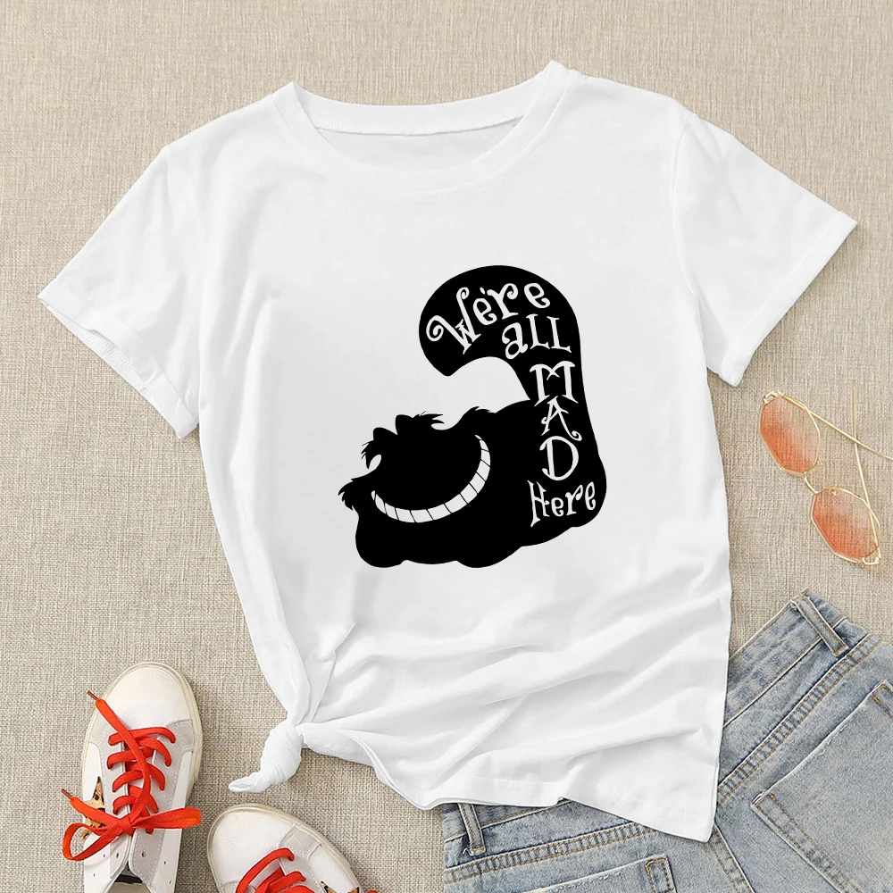 

Disneyland We're All Mad Hear Cheshire Cat Print Woman Clothes Simple Harajuku Youthful Style Summer Disney T Shirt Women 2023