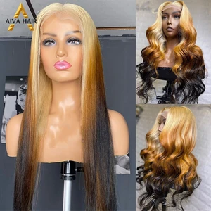 Honey Blonde Body Wave Synthetic 30Inch Transparent Wig Preplucked 13X4 Lace Front Ombre Color Cosplay Wigs For Black Women