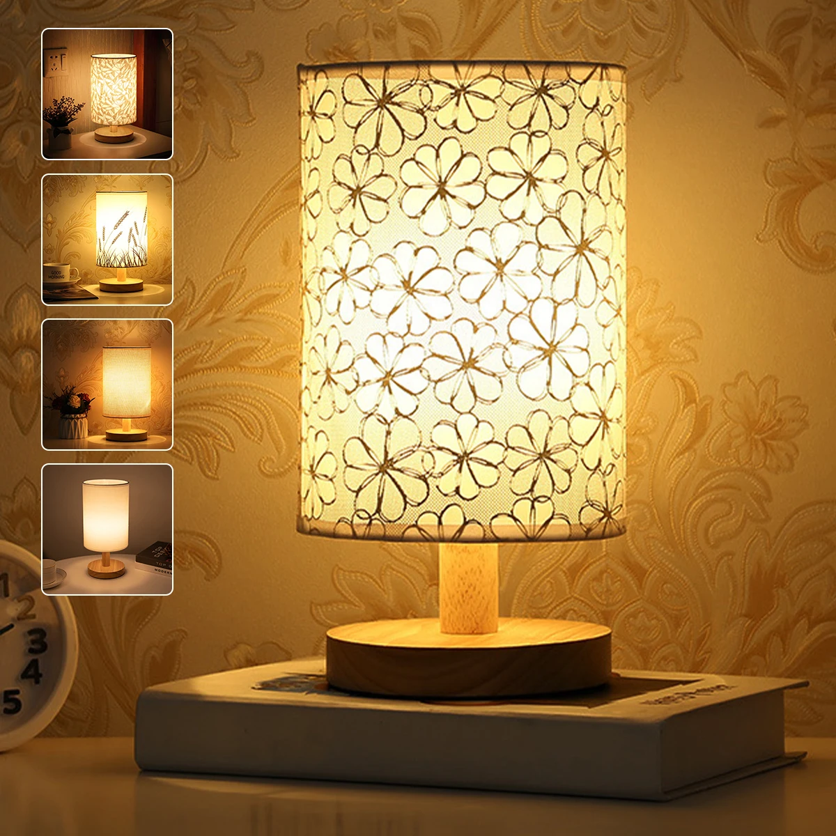 

Night Lights Table Lamp For Bedroom Wooden Desk Lamp Bedside Night Light with Cylinder Lamp Shade