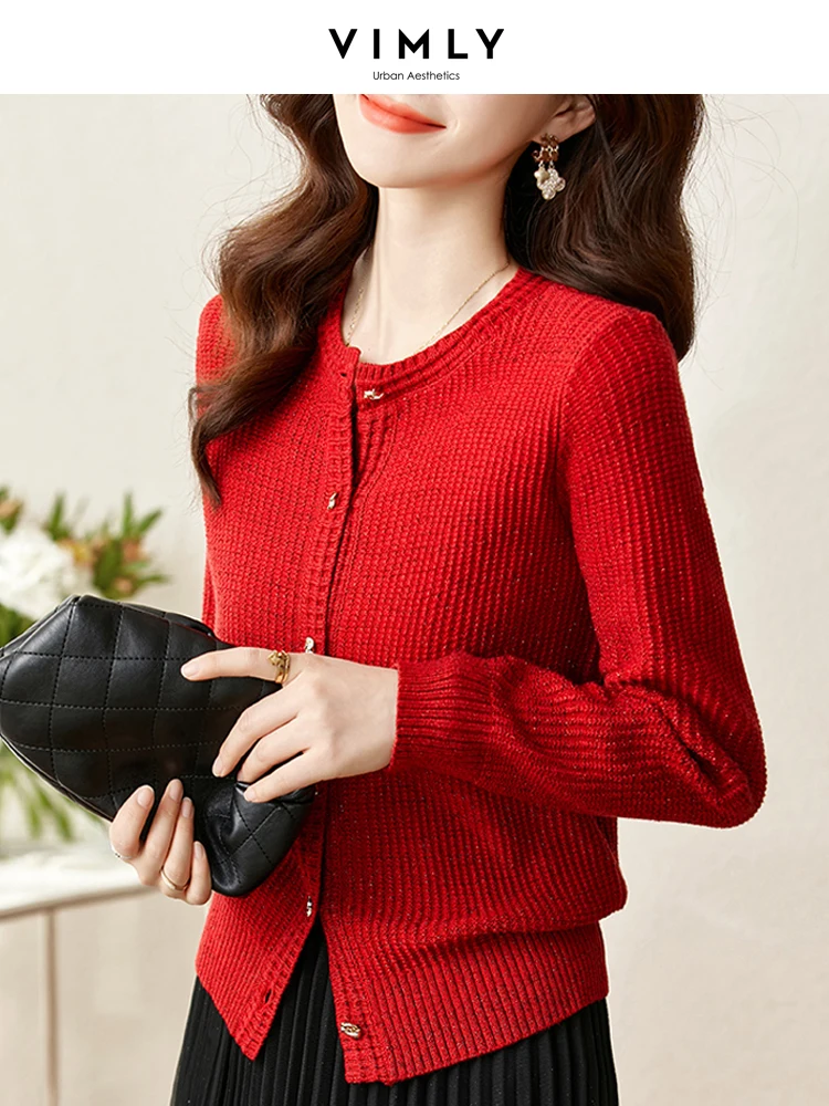 

Vimly Vintage Red Cardigan for Women 2023 Spring Elegant Knitwear Single Breasted O Neck Long Sleeve Top Sweater Outerwear 71289