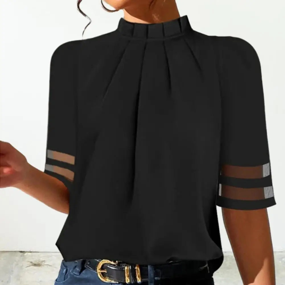

Mesh Stitching Half Sleeve Shirt Chic Office Lady Blouses Women's Half Sleeve Pullover Tops with High Collar Mesh for A