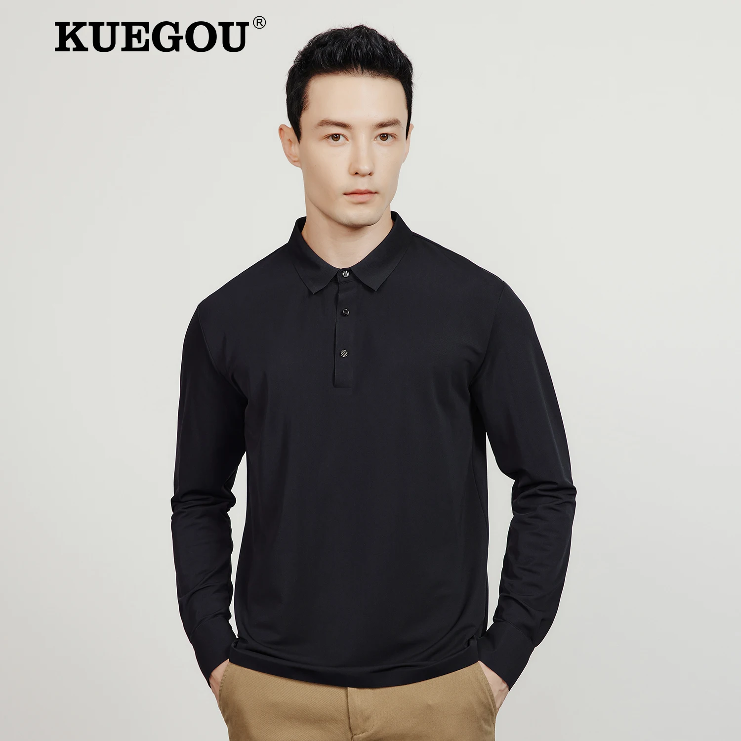 

KUEGOU 2022 осень новая мужская рубашка поло с длинным рукавом мода высокого качества сплошной цвет полиамид спандекс топ плюс размер 55068