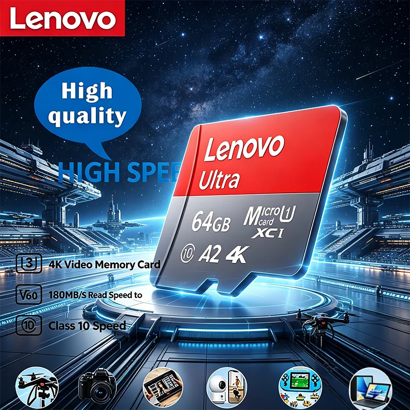 Фото Карта памяти Micro SD Lenovo 2026 New High Speed 1 ТБ 512 ГБ 64 ГБ Class 10 TF для телефона, дрона, видеорегистратора, автомобильной навигации №1
