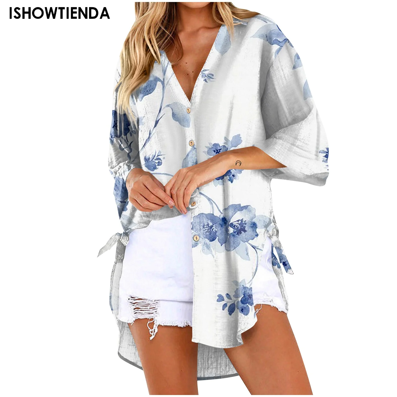 

V Neck Top Blouses Plus Size Women Vintage Shirts Fashion Button Casual Spring Women's Shirt Loose Clothing Floral Printed Blusa