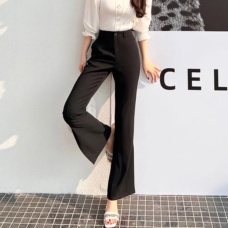 

Korean Slit Micro Flared Pants Women 2022 Spring Summer Streetwear Fashion White Black High Waist Pockets Suits Trousers Femme