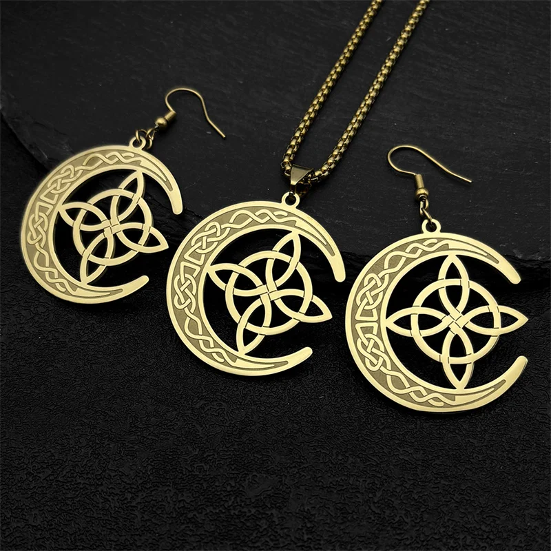 Нержавеющая сталь полумесяц ведьмы узел кельтское ожерелье серьги для женщин