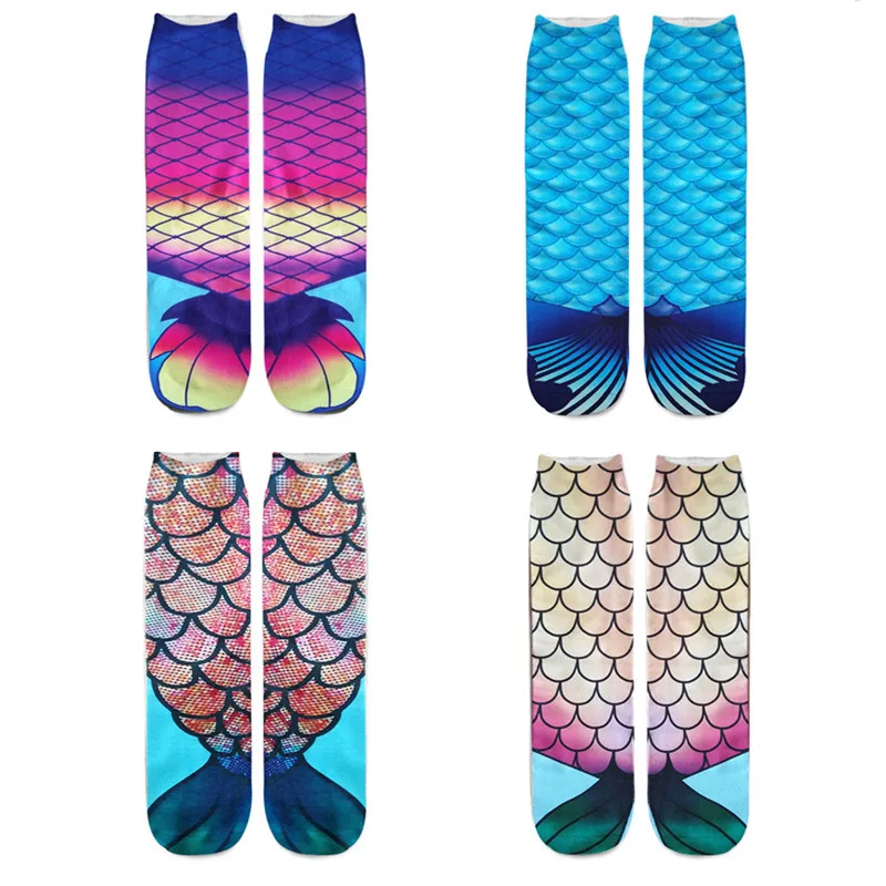 4 Pairs Kawaii Fish Scale Printed Socks Set Female Mermaid Summer Autumn Korean Style Women Man Fashion Blue Long Novelty Socks