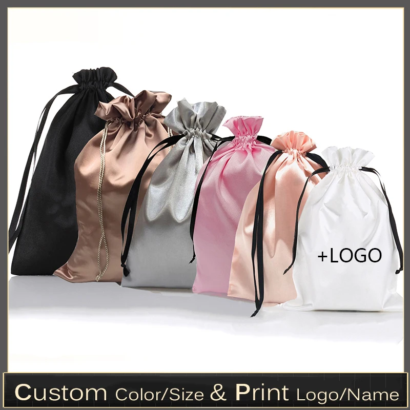 Custom Satin Extensions Hair Bags Ribbon Drawstring Luxry Goods Silk Packaging Pouches Makeup Case Shoes Cloth Wigs Storage Bag