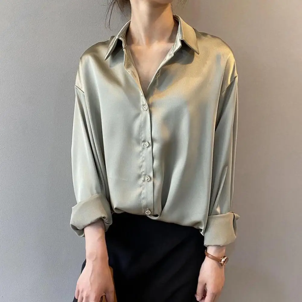

Блузка Женская атласная с длинным рукавом, элегантная уличная одежда, свободная рубашка на пуговицах, уличная одежда, весна-осень