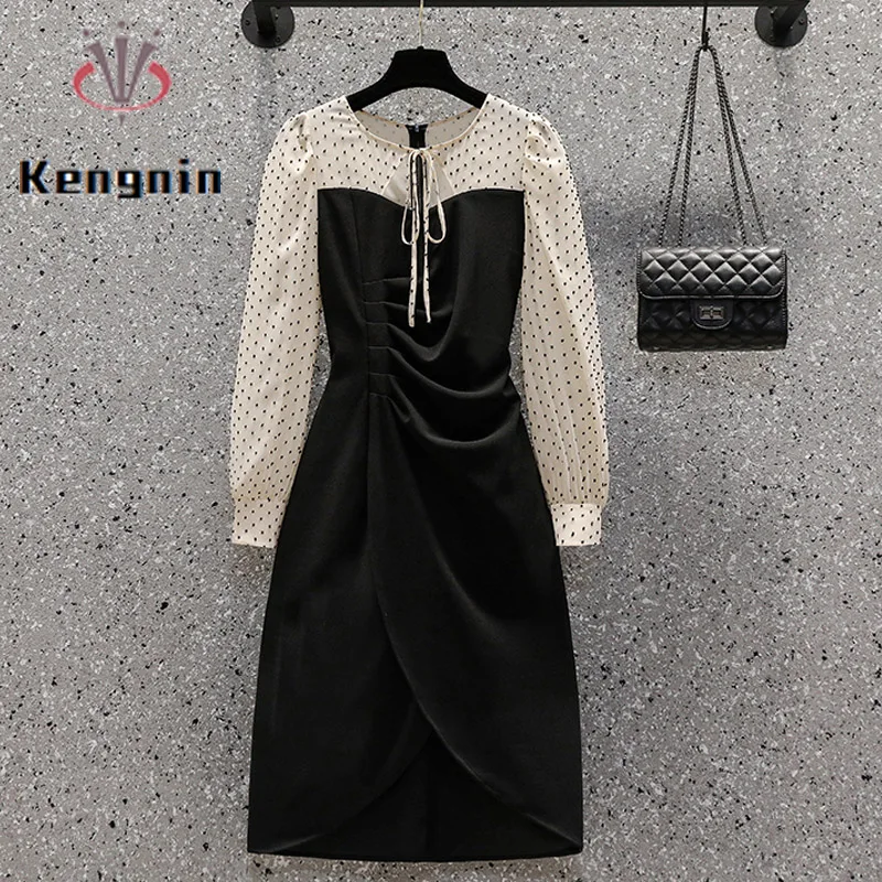

Женское свободное платье в горошек, асимметричное черное платье в стиле пэчворк, модель KE3278, весна-лето 2023