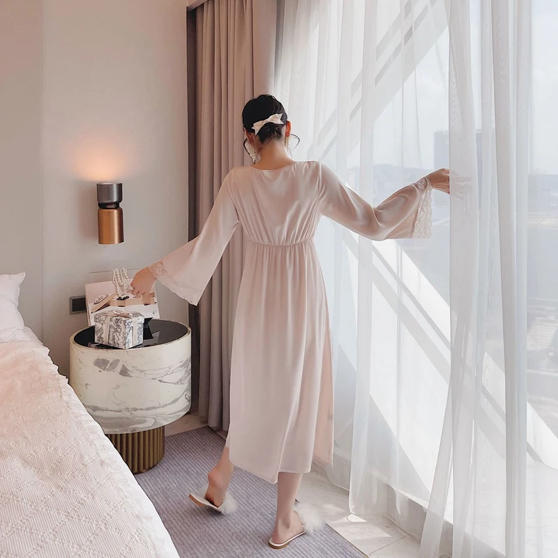 Silk Nightgowns Women's Nightwear Long Dress Sleepwear Elegant Lace Nighty Satin Luxury Ladies Lingerie Sleep Tops Dress