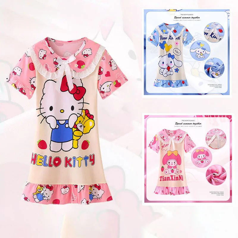 

Sanrio Anime Hello Kitty Pajamas Dress Cartoon Cinnamoroll Nightdress Kawaii My Melody Short Sleeve Princess Dress Homewear