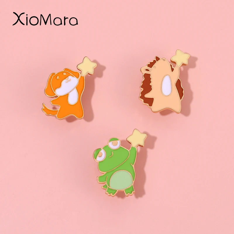 

Star Picking Frog Enamel Pin Custom Cartoon Hedgehog Dog Brooches Lapel Badges For Shirt Collar Jewelry Gift For Kids Friend