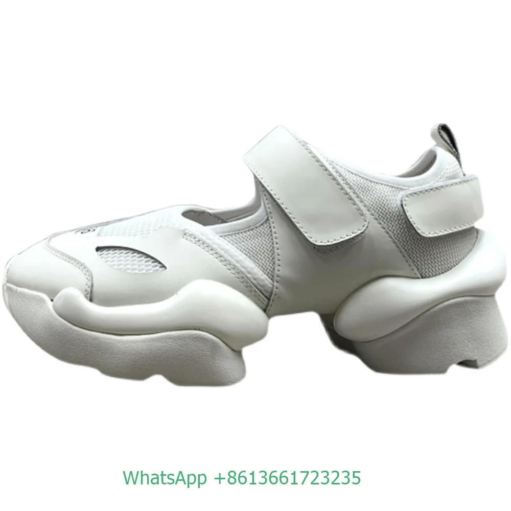 2023 New Style Casual Shoes Black White Real Leather Fashion Women Shoes Sport Slip On Platform Shoes Hook & Loop Mesh Round Toe