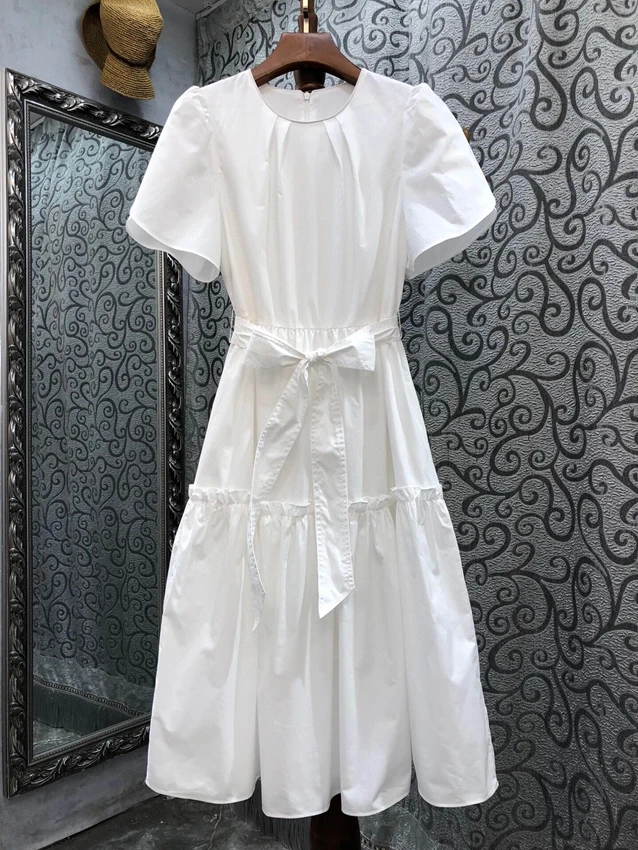 

2023 new women fashion short sleeve round neck belt slim A word pendulum long skirt fairy dress 0223