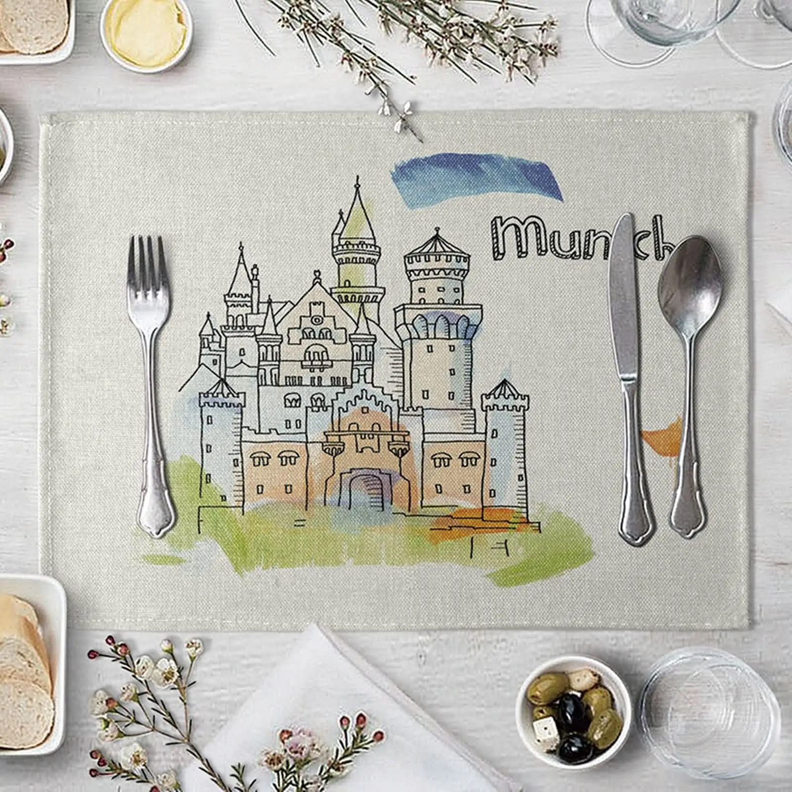 

Темно-синий обеденный стол, большой синий зеленый розовый квадратный набор столовых приборов, обеденный стол, набор квадратных ковриков дл...