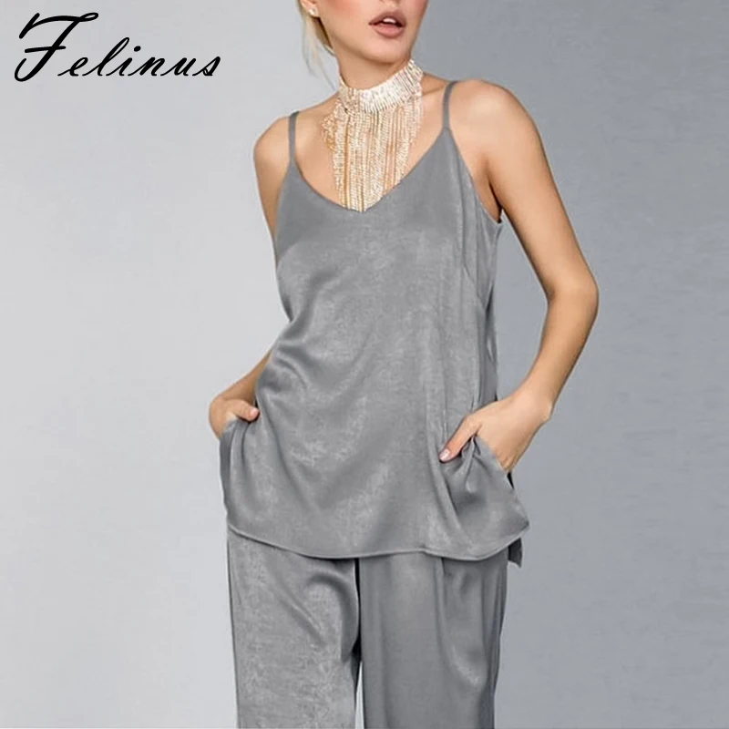 

Felinus Women Solid Home Suit Spaghetti Strap Vest Loose Flare Home Pants Pajamaset Satin Worn Outside Homewear Female Nightgown