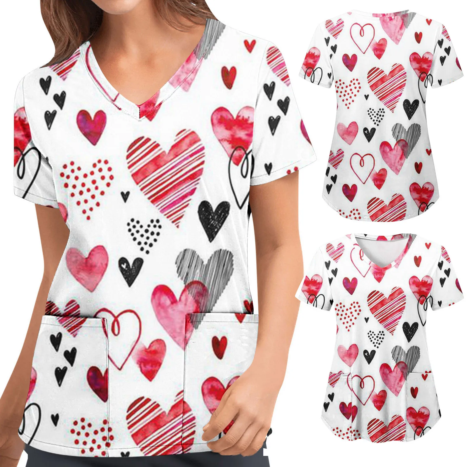 

Tops Working Short Valentine's Blouse Neck V Print Women With Pockets Heart Shirt Day Womens Long Sleeve Compression Shirt