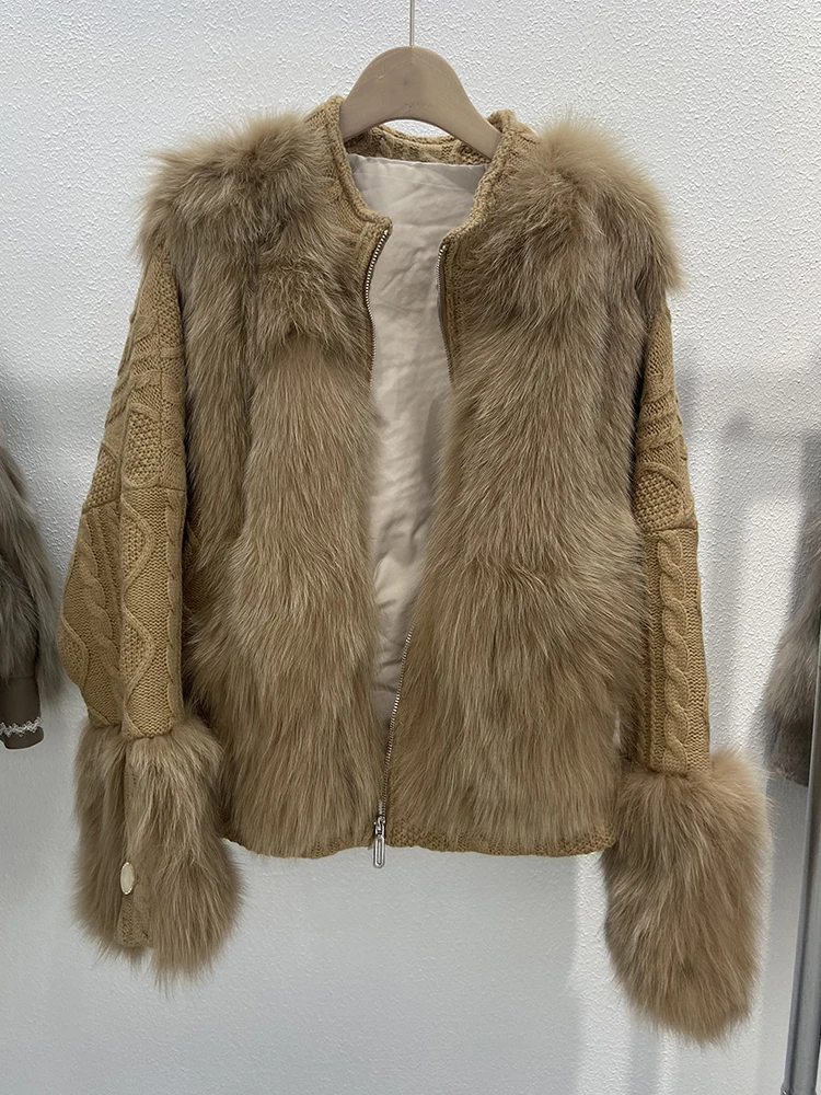 Women Real Fox Fur Knitting OverSize Loose Spring Fox Fur Lady's Fashion Sweater Zipper Stand Collar Jacket Coat