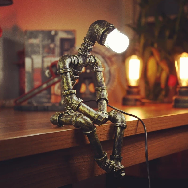 

Iron Robot LED Desk Lamps Water Pipe Art Tube LOFT Edison Industry Vintage Table Lights for Coffee Bar Bedroom Night Lighting