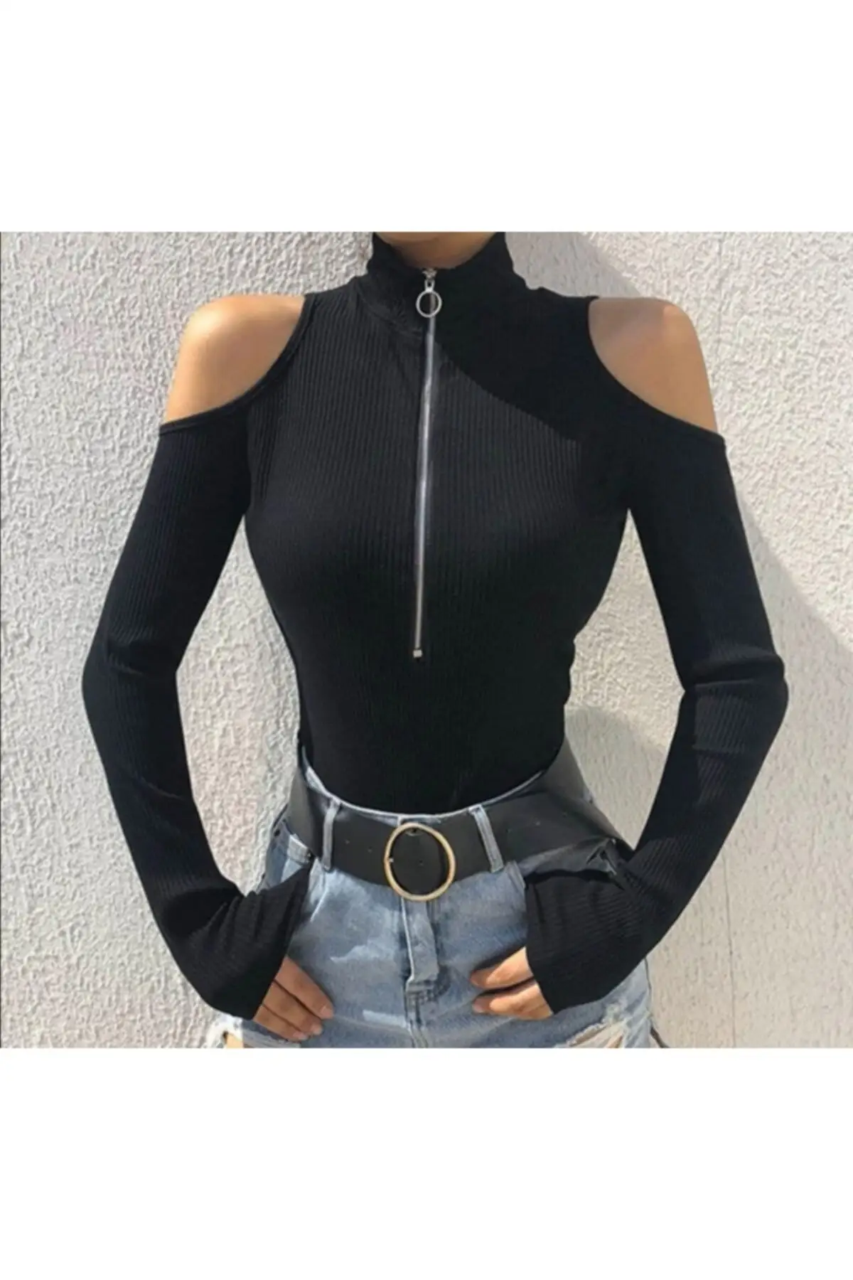 

Women's Bodysuit Shoulder Detailed Zipper ribbon Elastic Crop Rompers Jumpsuits shath Skinny Summer Streetwear