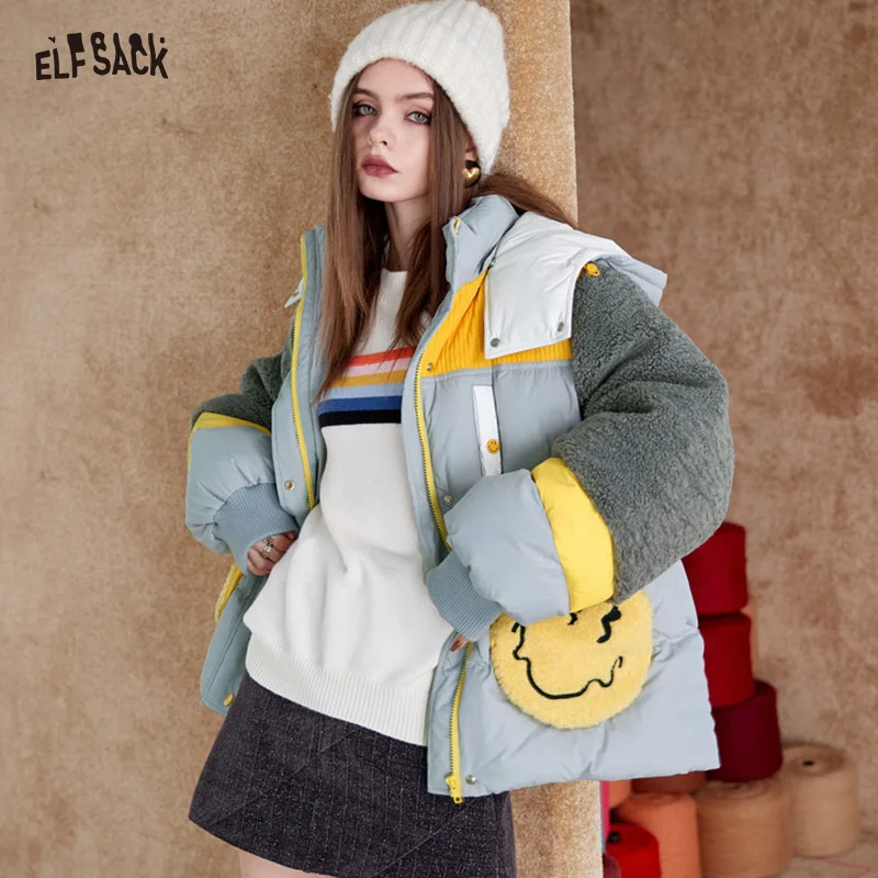 ELFSACK Smile Lambs Wool Spliced Down Coats Women 2022 Winter Loose Warm Coats