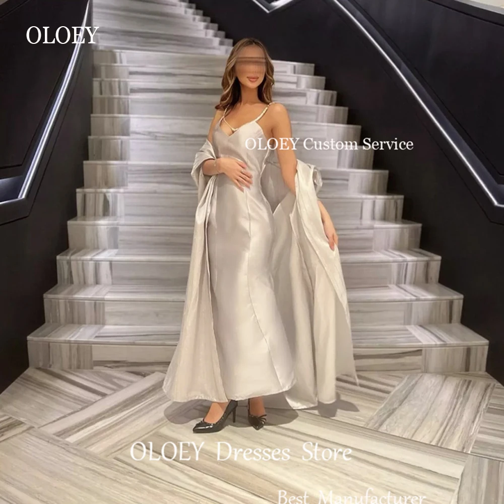 

OLOEY Saudi Arabic Women Evening party Dresses With Jacket Spaghetti Straps Sleeves Ankle Length Formal Prom Gowns 2023 Elegant