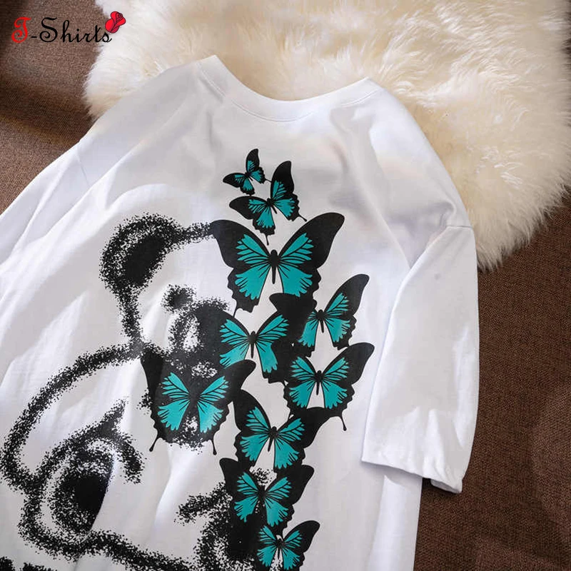 

T-Shirt Women's Bear Butterfly Print Tshirt Y2K Harujuku Oversized T Shirt Summer Clothing Tops Casual Streetwear lothes