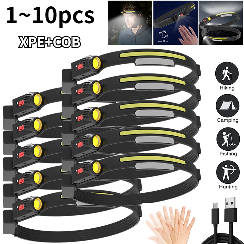 

1-10pcs Induction Headlamp COB LED Head Lamp USB Rechargeable Head Torch 4 Lighting Modes Head Light for Outdoor Camping Lantern