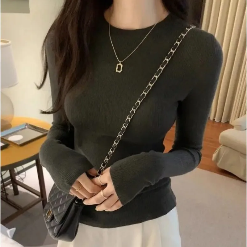 Y2K Женский Тонкий Хлопковый Однотонный Пуловер С Круглым Вырезом Винтажная