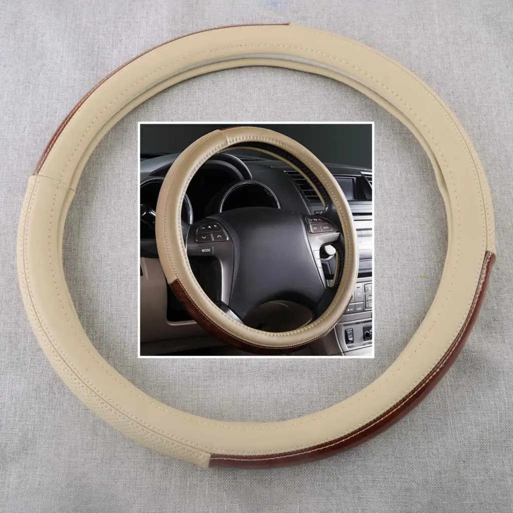 

15" Car Steering Wheel Cover Artificial Leather Beige With Brown Wood Grain Style Waterproof Anti-Slip Fit for Truck Suv Sedan