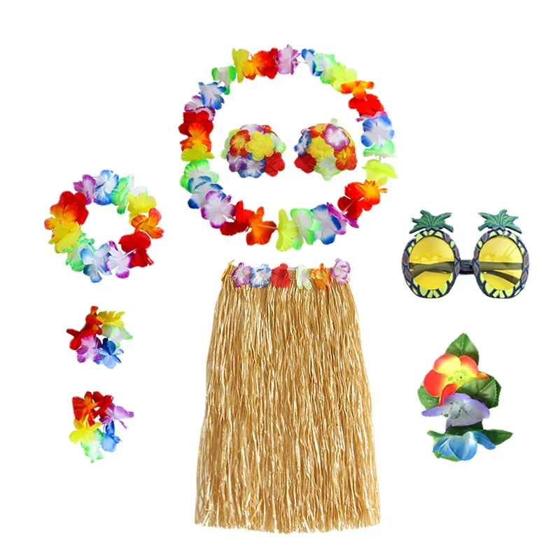 

Adult Seaside Beach Party Costume 8-Piece Holloween Clothing Decoration Woman Imitation Straw Flower Performance Dress Up Props
