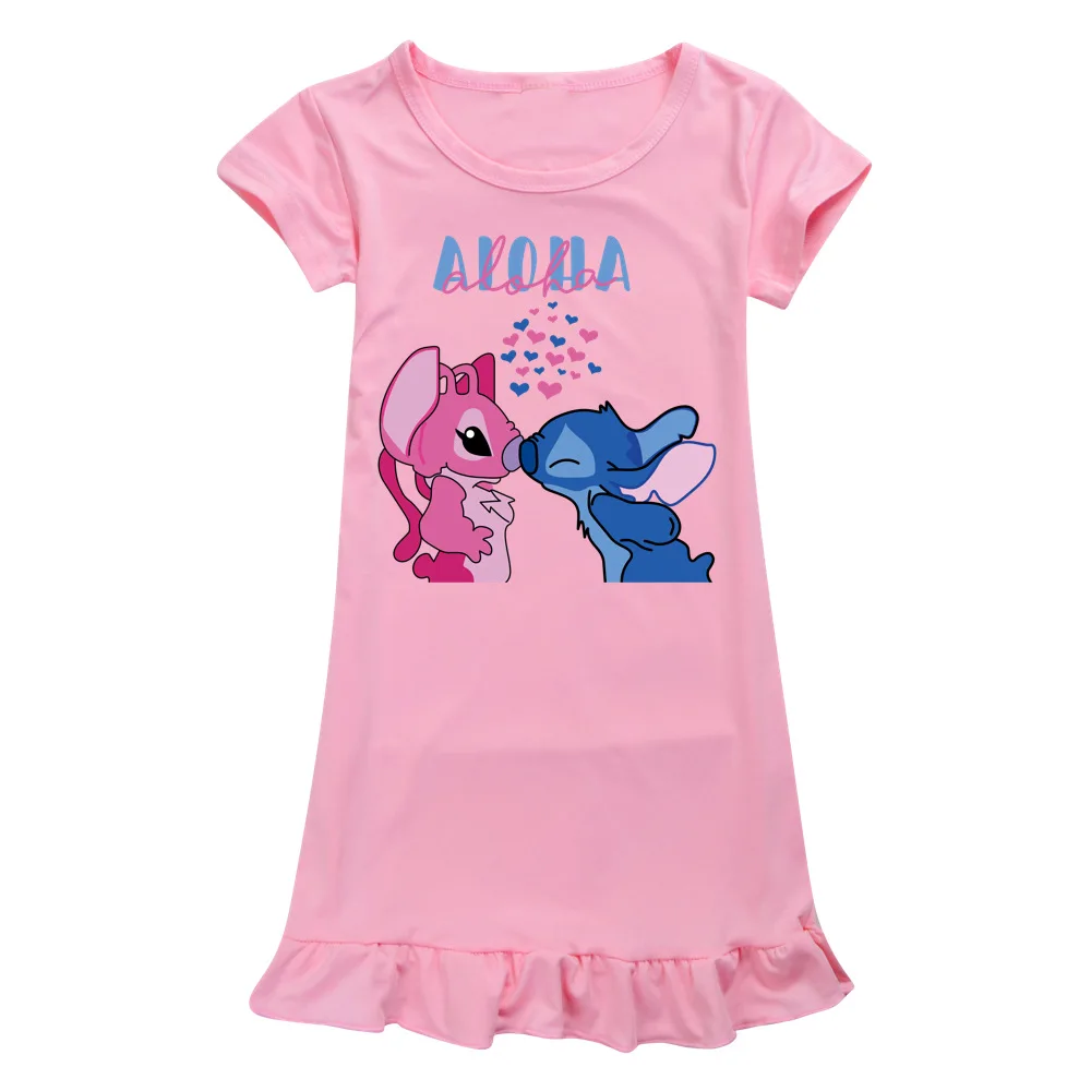

New Girls Nightgown Cotton Disney Stitch Dress Homewear for Baby Sleepwear Summer Teenage Kids SleepDress Child Pajamas