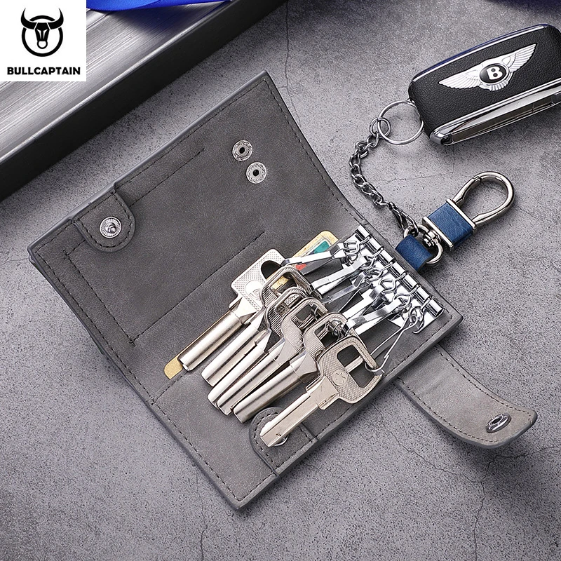 BULLCAPTAIN Genuine leather Man Multi-function Automobile Key case With card position Buckle Zipper Key case