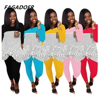 fagadoer stripe patchwork two piece set women plus size home casual long sleeve loose t shirt pants suits leisure outfit sets