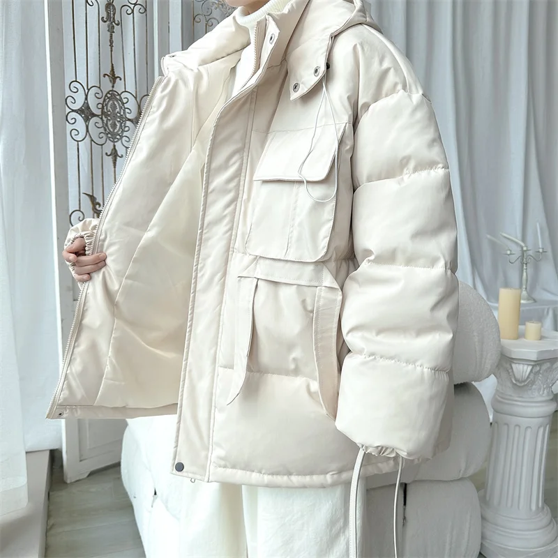 Winter Jacket Men Warm Fashion Multi Pocket Thickened Down Jacket Men Korean Loose Thick Hooded Short Coat Mens Parker M-3XL
