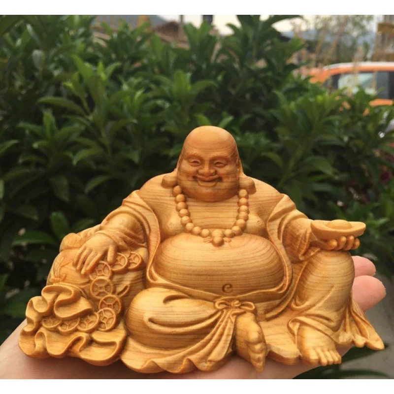 

New Arborvitae Decoration Car Cloth Bag Maitreya Home Decoration Wooden Smiling Buddha Decoration