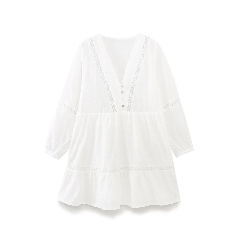 

MOYATIIY 2023, женское белое хлопковое платье с вышивкой, V-образным вырезом, длинным рукавом-фонариком, женские мини-платья, весеннее женское платье