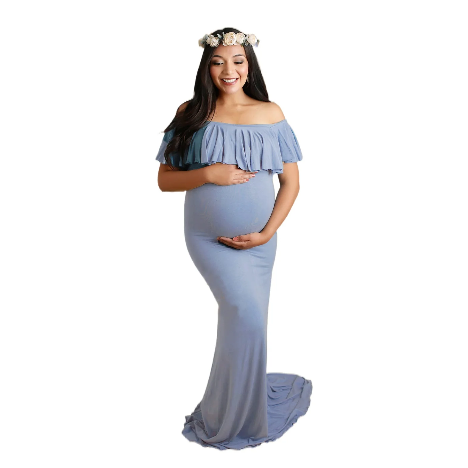 Enlarge Womens Off Shoulder Maternity Dress Ruffles Stretchy Elegant Slim Gowns Fit Maxi Photography Dress Baby Shower Pregnancy Dress