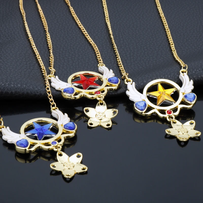 

Anime Jewelry Card Captor Sakura Necklace Gold Star Flower Cardcaptor Wings Heart Crystal Cosplay Pendant Necklace Woman Girl