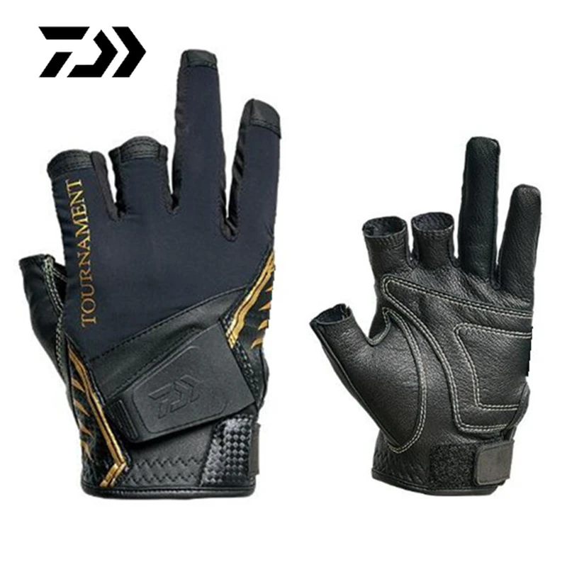 Daiwa Anti Slip Leather Fishing Gloves Three Finger Cut UV Protection Kayaking Gloves Outdoor Sports Camping Hiking Fishing Wear