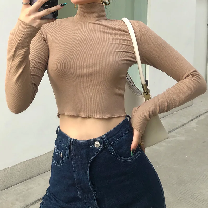 

Women Knitted T Shirt Casual Rib Half High Collar Tight Fitting Shirt Tops Solid Color Long Sleeve Exposed Navel Undershirt Tops