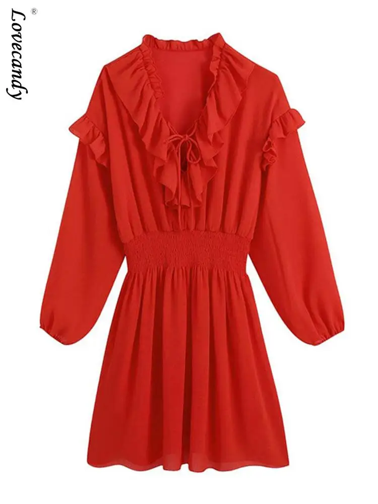 

Chiffon Laminated Ruffles Slim Dress Women's Long Sleeve High Waist Short Dress 2023 Summer Fashion Pleated Commuter Outifits