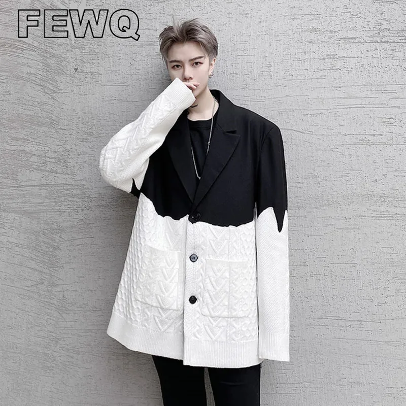 

Мужской однобортный Блейзер FEWQ, вязаный Блейзер контрастных цветов в стиле пэчворк, шерстяное пальто средней длины, осень 2022