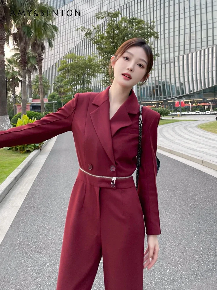 Офисный женский красный костюм с высокой талией осенне-зимний новый пригородный