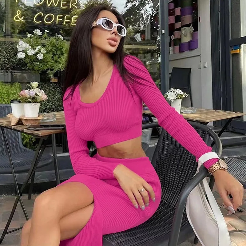 

Knitted Women Suits With Skirt 2 Piece Set Pullover Split Long Skirts Sets 2022 Autumn Winter Female Elegant Cropped Tops Suit