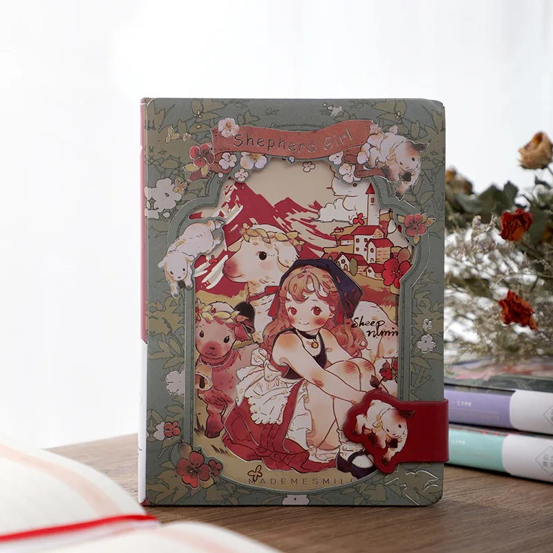 

Little Girl Floral Theme Vintage Colorful Notebook Hardcover PU Leather Diary A5 Journal Book Blank+Lined Paper 160P